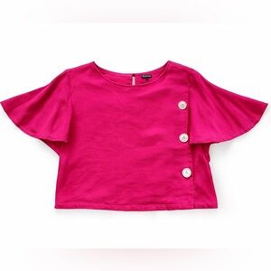 Kensie Hot Pink Linen Cotton Mixed Media Flutter Sleeve Boxy Casual Top - Small